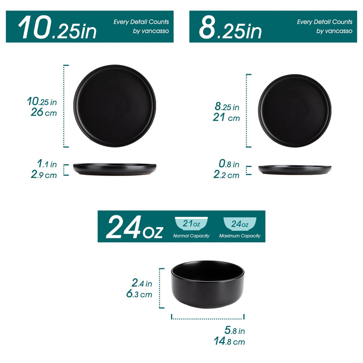18/36 Piece Black Ceramic Plate Sets - Stoneware Dinner Set - Elegant Dinnerware with 6/12PCS Dinner Plate/Dessert/Bowl