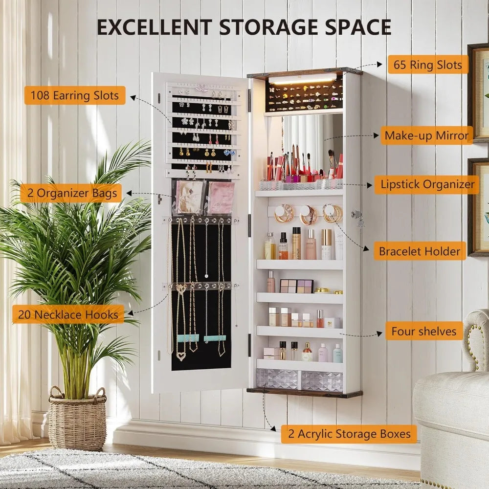 Jewelry Cabinet with LED 10 Light Bulbs - Tall Lockable Wall or Door Mounted Jewelry Armoire Organizer with Mirror - White