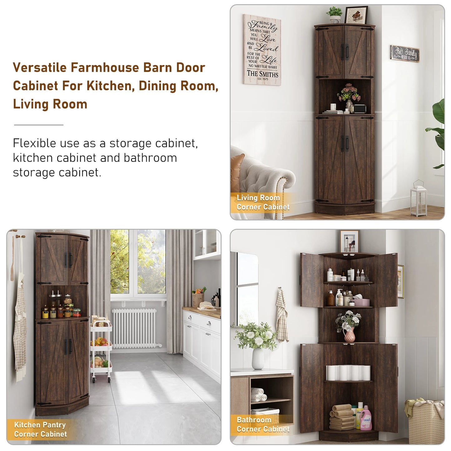 Tall Corner Bathroom Cabinet with Doors - 67" Storage Cabinet with Barn Doors and Adjustable Shelf for Kitchen, Bathroom, etc