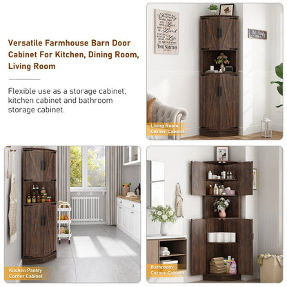 Tall Corner Bathroom Cabinet with Doors - 67" Storage Cabinet with Barn Doors and Adjustable Shelf for Kitchen, Bathroom, etc