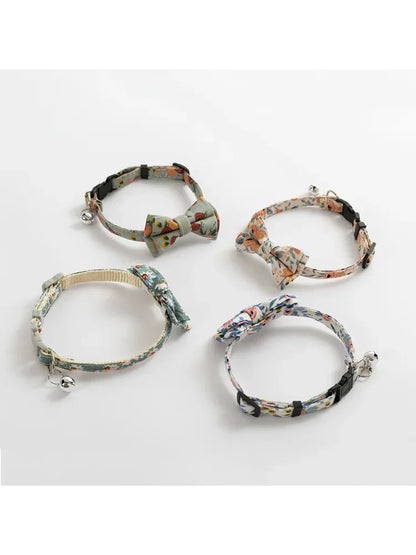 Floral Dog & Cat Bow Tie - Cotton - Break Away Clasp - Small Bell Attached