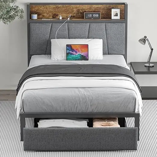 Twin Size Bed Frame with Headboard and Storage - Platform Bed Frame with Drawer Storage - Charging Station & LED Light