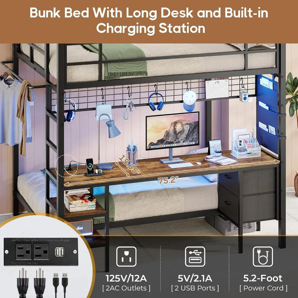 Metal Full Size Over Twin Loft Bed with Led Lights, Storage Shelves and Charging Station