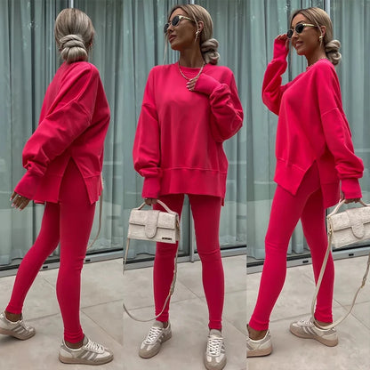 Women's Spring and Autumn Sports Hoodie - Long Sleeve - Solid Color Hoodie - Casual & Two Piece Set