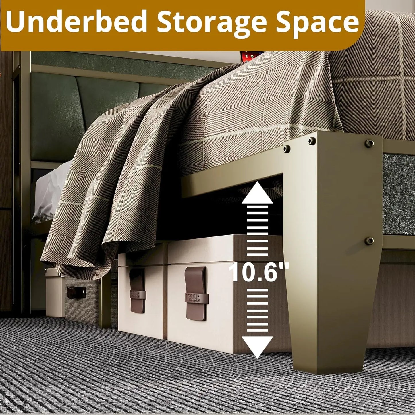 A New Bed Frame - Storage Headboard with Charging Station - No Box Spring Needed - Dark Green