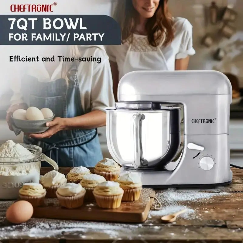 Cheftronic 6 Speed Stand Mixer with 7 Quart Stainless Steel Mixing Bowl - Dough hook, Egg whisk, Kitchen Mixer