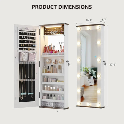 Jewelry Cabinet with LED 10 Light Bulbs - Tall Lockable Wall or Door Mounted Jewelry Armoire Organizer with Mirror - White