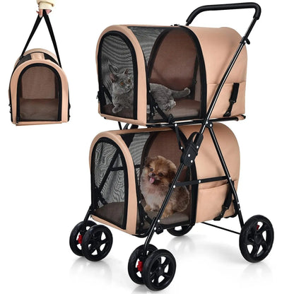 Double Pet Stroller with 2 Detachable Carrier Bags - Safety Belt - 4 Lockable Wheels - Cat & Small Dogs Stroller - Travel Carrier - Strolling Cart