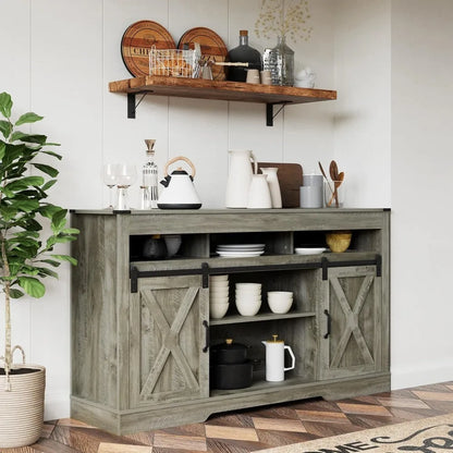 Farmhouse TV Stand for 27-65 Inch TV - Tall Entertainment Center with Storage Cabinets and Sliding Barn Doors