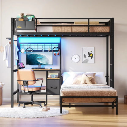 Bunk Bed Twin Over Twin with Desk and Charging Station - L-Shaped Metal Bunk Bed - Led Lights & Storage Shelves