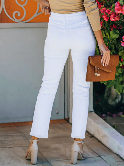 2025 New Women's White Elastic Slim Fit Cropped Jeans - Slanted Pocket - Fashionable Casual Straight Leg Jeans
