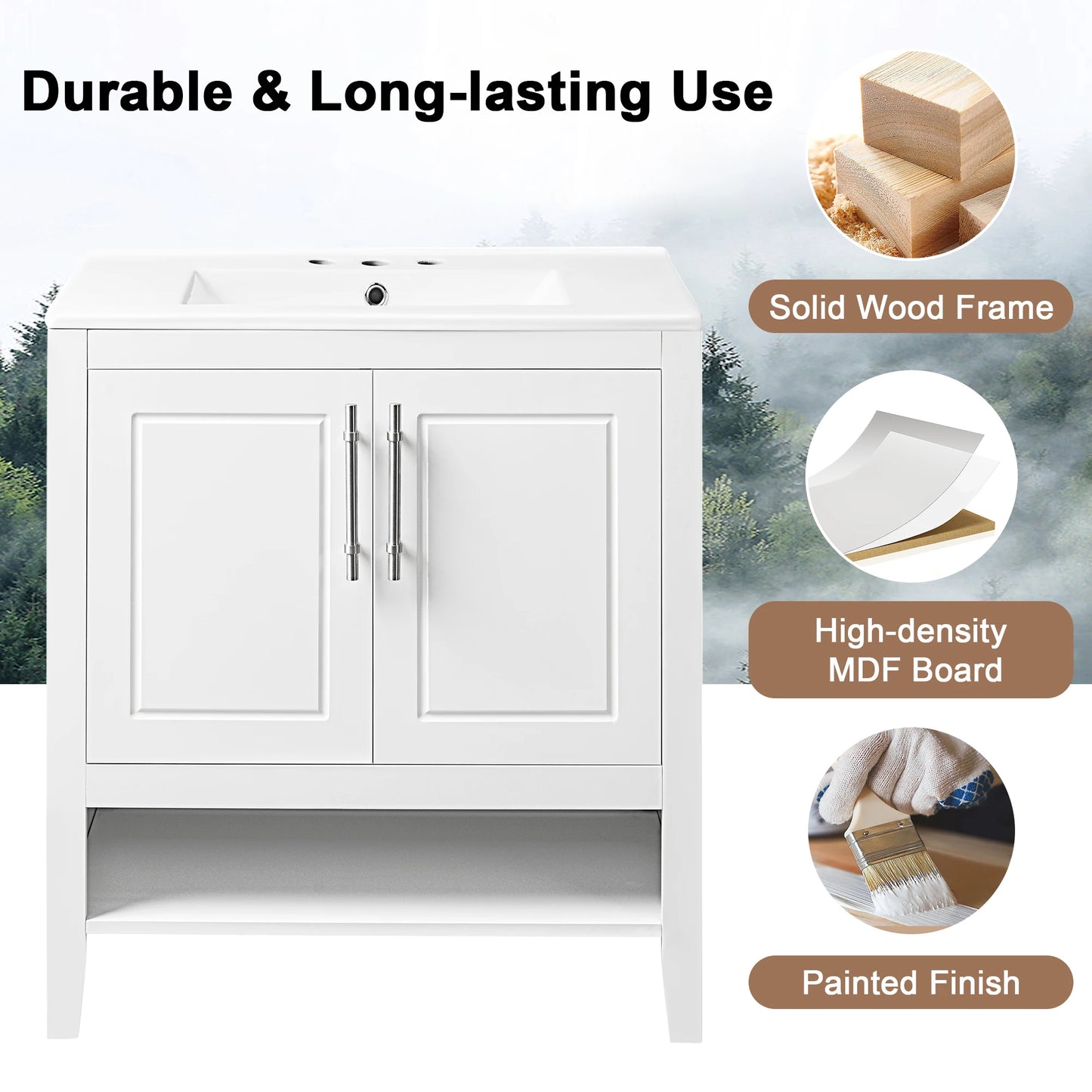 30" Bathroom Vanity with Sink - Multi-functional Bathroom Cabinet with Doors and Drawers - Solid Frame and MDF Board, White