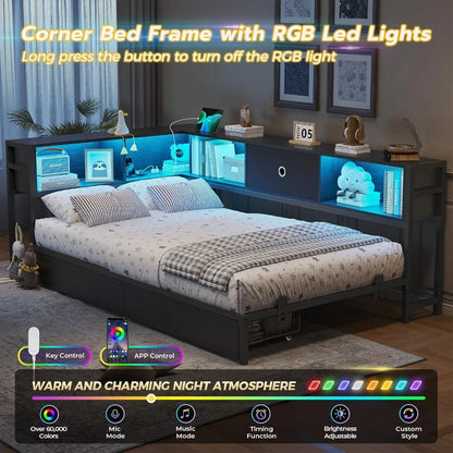 Corner Bed Frame with Bookcase Storage and LED Lights - Twin XL Metal Platform Bed Frame with Storage, Drawers & Charging Station