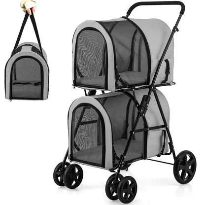 Double Pet Stroller with 2 Detachable Carrier Bags - Safety Belt - 4 Lockable Wheels - Cat & Small Dogs Stroller - Travel Carrier - Strolling Cart