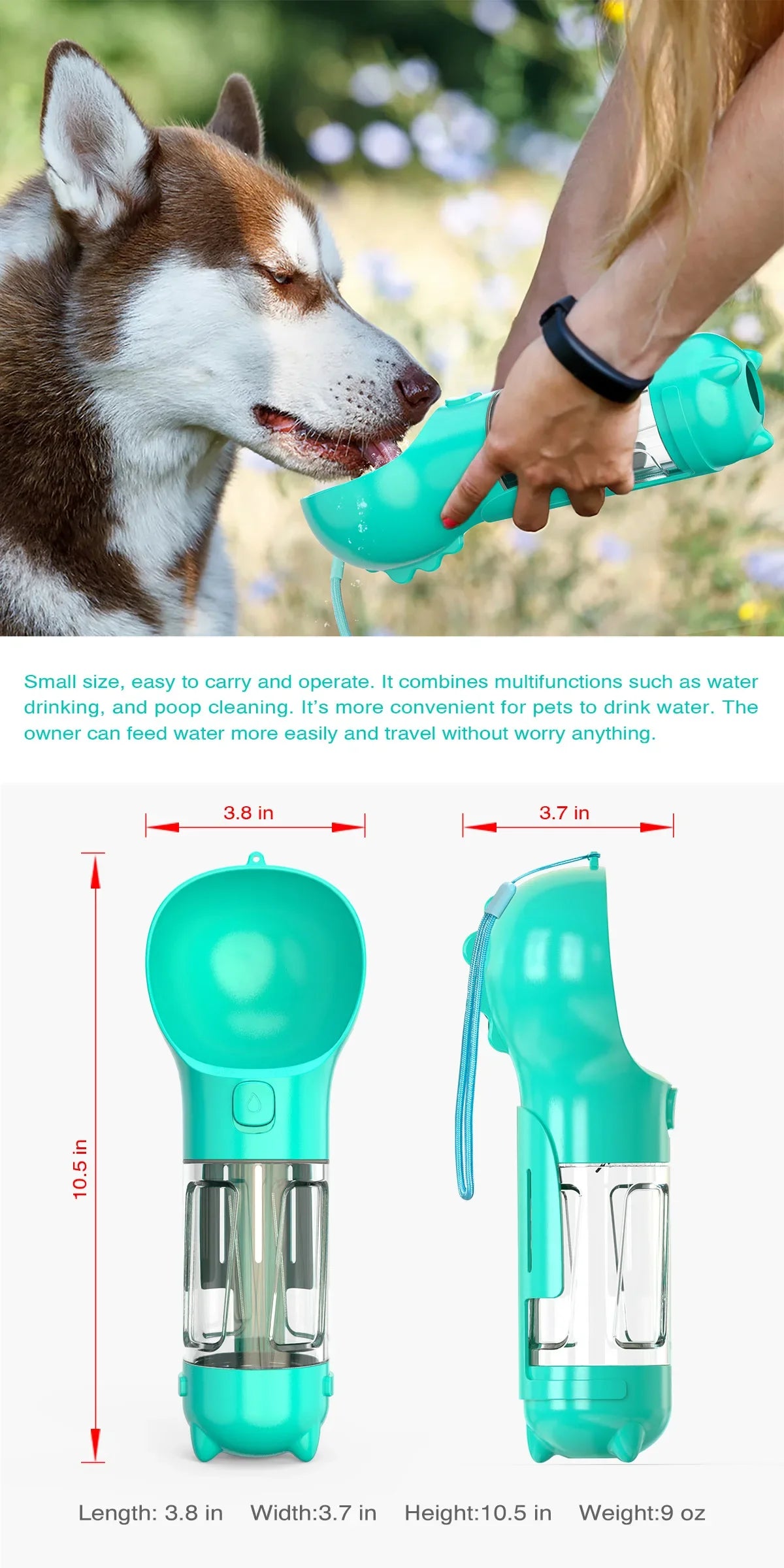 Portable Pet Dog Water Bottle For Small, Large Dogs - Travel Puppy, Cat Drinking Bowl Outdoor Pet Water Dispenser & Feeder with shovel & Pet's Poo Bags