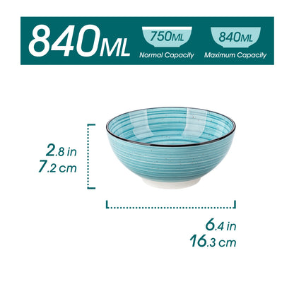 Vancasso 6 Piece 840ML Ceramic Bowls - Hand Painted Spirals - Stoneware Dinnerware Set