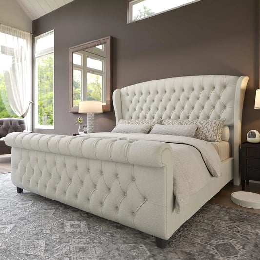 Queen Size Platform Bed Frame - Chenille Upholstered Sleigh Bed with Wingback Headboard - No Box Spring - Cream