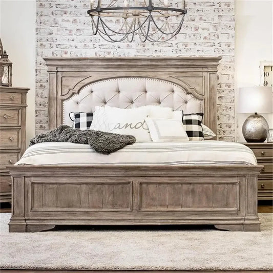 Queen Size Panel Bed with Headboard & Footboard - Upholstered, in Gray - No Box Spring Needed, Easy Assembly