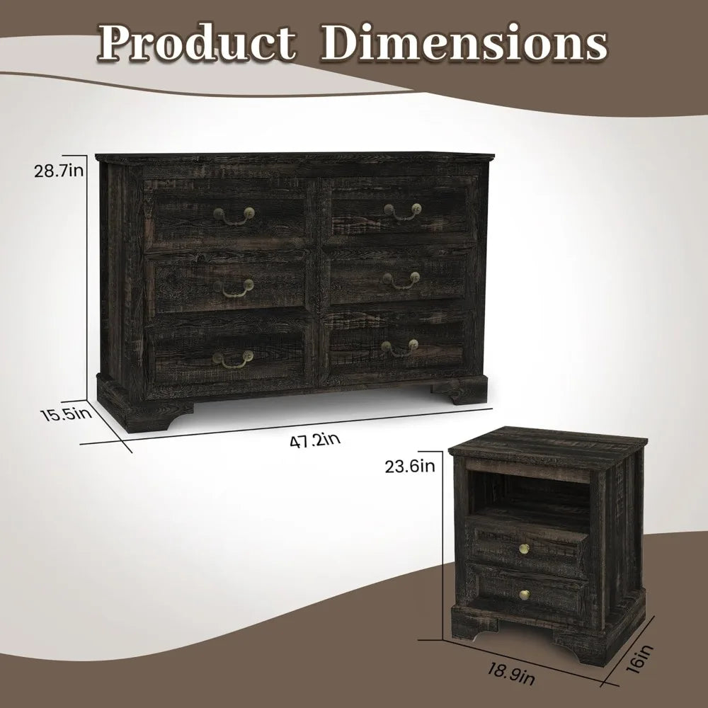 3 Pcs Bedroom Set - Rustic Wood 6 Drawer Dresser and Nightstands