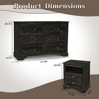 3 Pcs Bedroom Set - Rustic Wood 6 Drawer Dresser and Nightstands