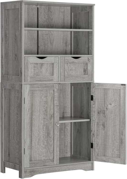 Tall Storage Cabinet With 2 Drawers & Adjustable Shelves - Bathroom Cabinet With Doors, Cupboard, Floor Cabinet For Living Room, Kitchen, Bathroom Or Office