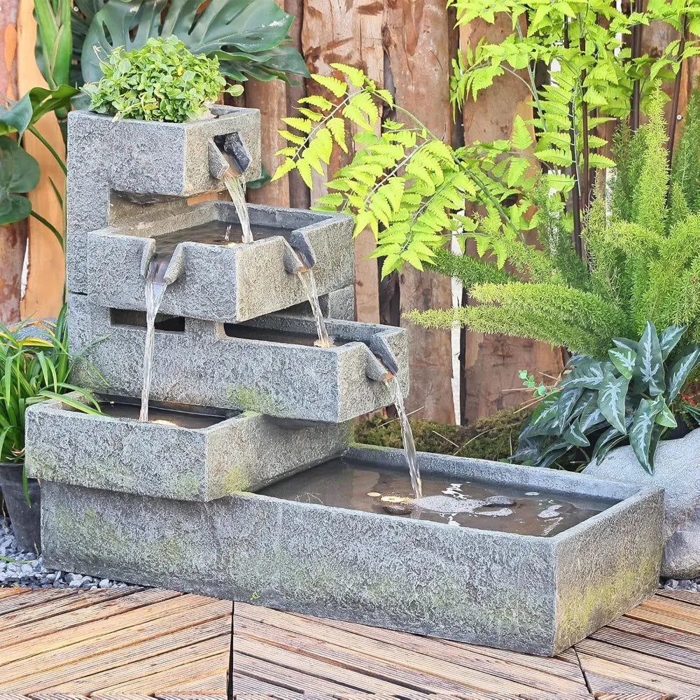 Tiered Waterfall Fountain Outdoor Garden - Concrete Artistry Modern Style with LED Lights