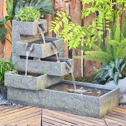 Tiered Waterfall Fountain Outdoor Garden - Concrete Artistry Modern Style with LED Lights