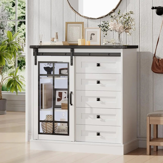 6 Drawer Dresser with Slide Glass Door Farmhouse Tall Chest of Drawers Storage Organizer Living Room, Bedroom Or Office