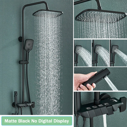 Rozin Black Smart Digital Display Shower Faucet Set - Piano Style Rainfall Bathroom System - Grey Digital Mixer Tap & Bidet Shower