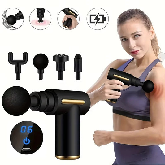 Portable Fascia Massage Gun - Deep Tissue Massager - Body Muscle Relaxation with LED Touch Screen - 4 Replaceable Massage Heads