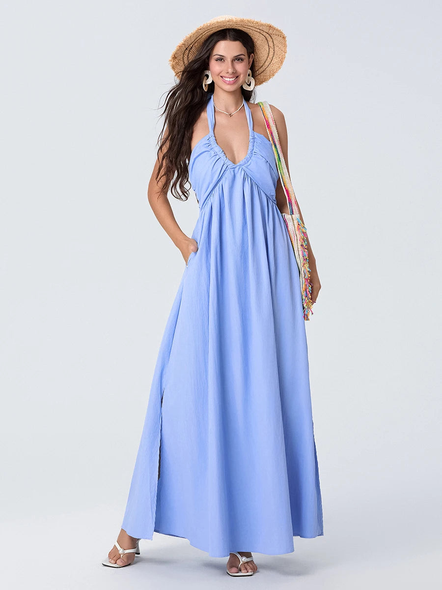 Women Summer Casual Maxi Dress - Solid Color - Tie-Up Halter Neck, Sleeveless & Backless Dress