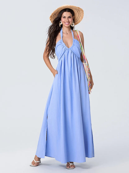 Women Summer Casual Maxi Dress - Solid Color - Tie-Up Halter Neck, Sleeveless & Backless Dress
