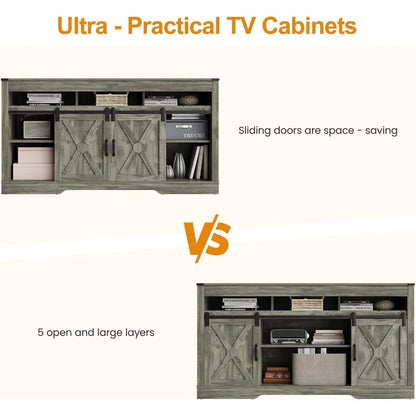 Farmhouse TV Stand for 27-65 Inch TV - Tall Entertainment Center with Storage Cabinets and Sliding Barn Doors