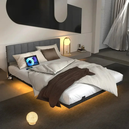 Floating LED Bed Frame w/ Charging Station – Smart RGB Lights - USB/AC Ports - 1000lb Capacity - No-Slip Design