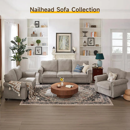 66" Small Couch with Rolled Arms - Chenille Fabric - Loveseat w/Springs Seat Cushion - Modern Curved Back - Turned Wood Legs