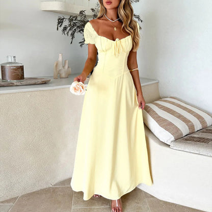 2025 Ladies Maxi Dress - Solid Colors - Chest Wrap - Bowknot Lace-up 2025