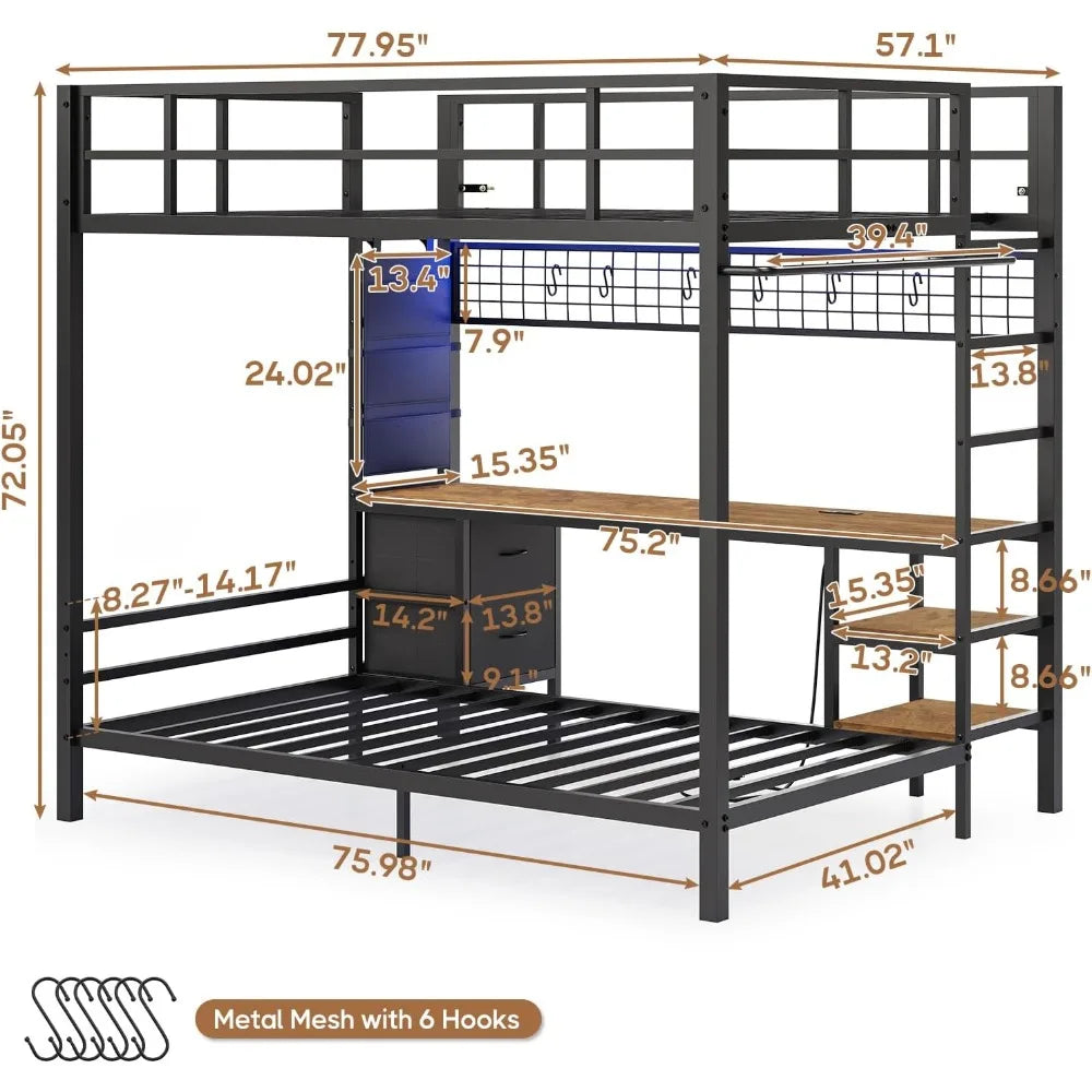 Metal Full Size Over Twin Loft Bed with Led Lights, Storage Shelves and Charging Station