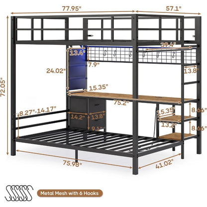 Metal Full Size Over Twin Loft Bed with Led Lights, Storage Shelves and Charging Station
