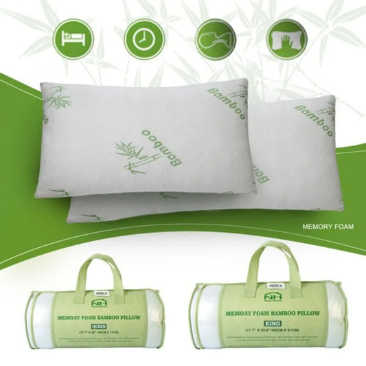 2Pcs Bamboo Memory Foam Pillow - Hypoallergenic Bed Pillow For Neck Rest, Sleeping Shredded Pillow - Washable Cover Queen Size