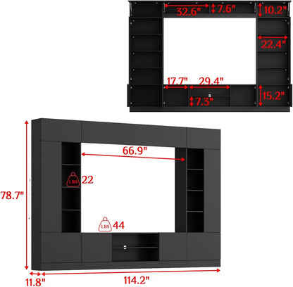 114" Large Wall Unit Entertainment Center with Bookshelves, Lights and 18 Shelves - Modern 4-Piece TV Stand Media Console Table