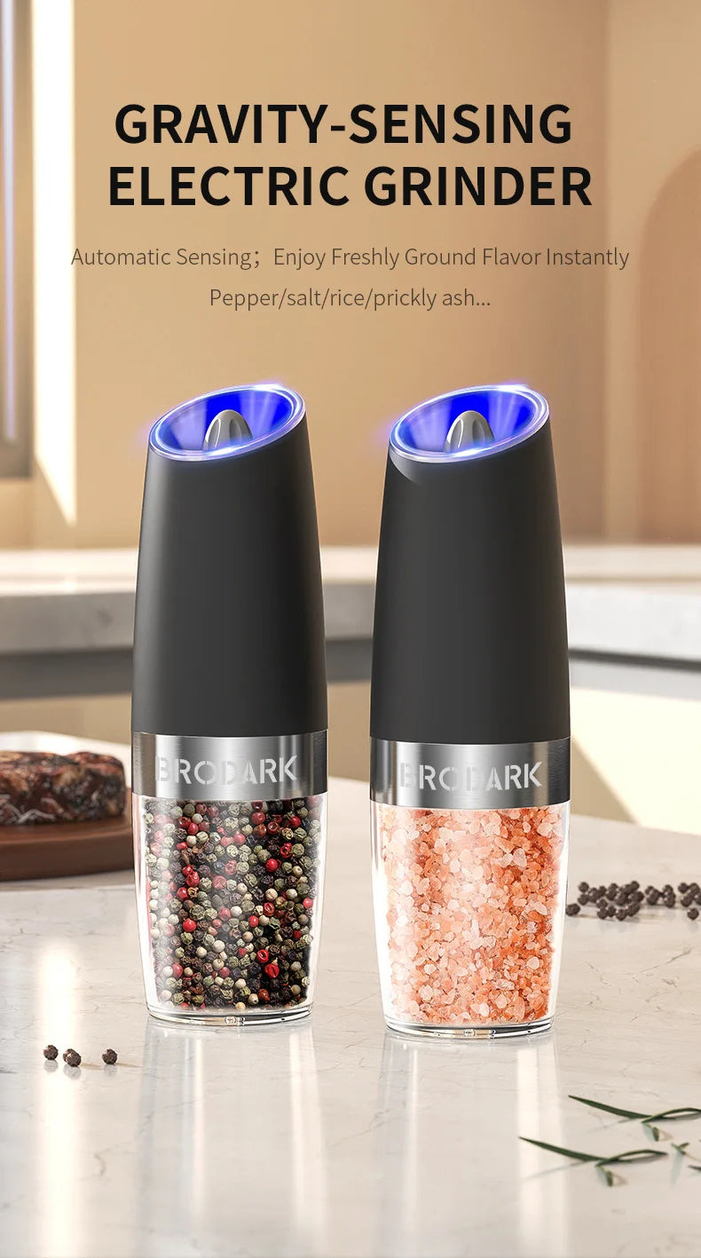 1 or 2pcs Gravity Electric Salt And Pepper Grinder Set - Battery Powered - LED Light - One HandAutomatic Operation