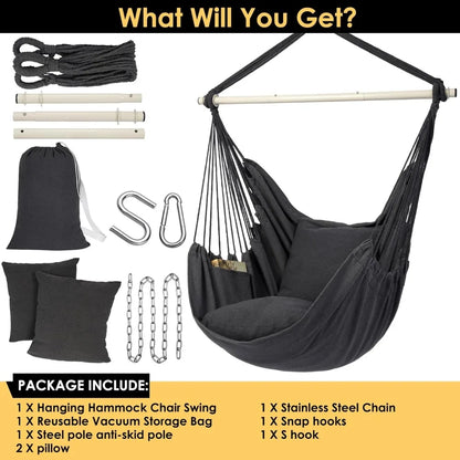 Hammock Chair Hanging Rope Swing Chair - Max 500 Lbs - 2 Seat Cushions Included - Removable Steel Spreader Bar