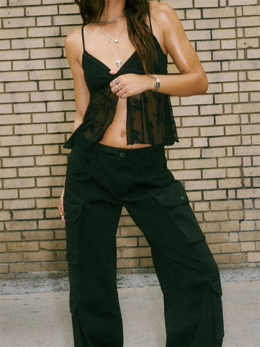 Ladies Sleeveless V Neck Cami - Floral Embroidery, Mesh Camisole, Lace Trim, Tank Tops for Summer