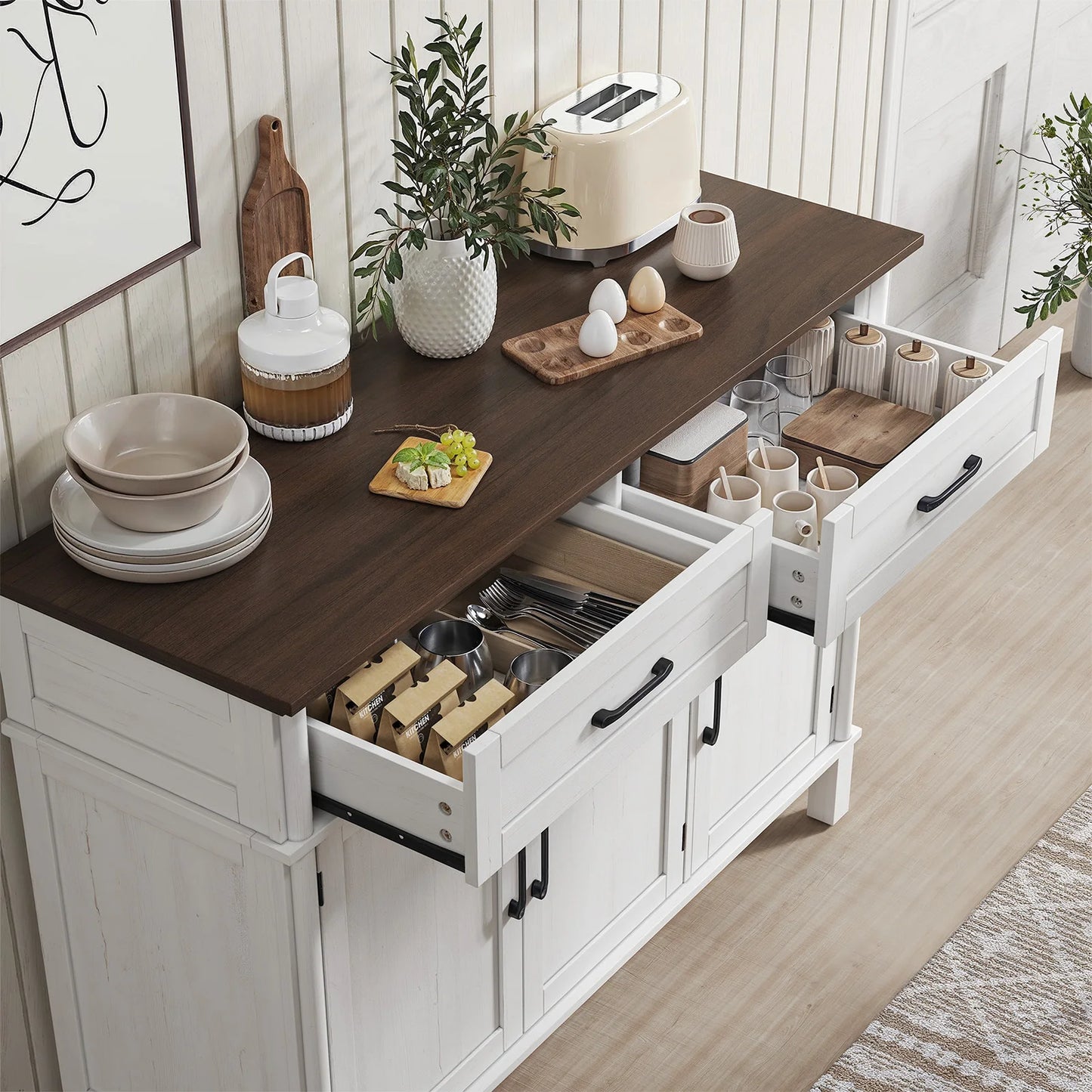 48" Storage Buffet Cabinet - 2 Drawers & Doors, Adjustable Shelve, Wooden Kitchen. Living Room & Hallway Cabinet