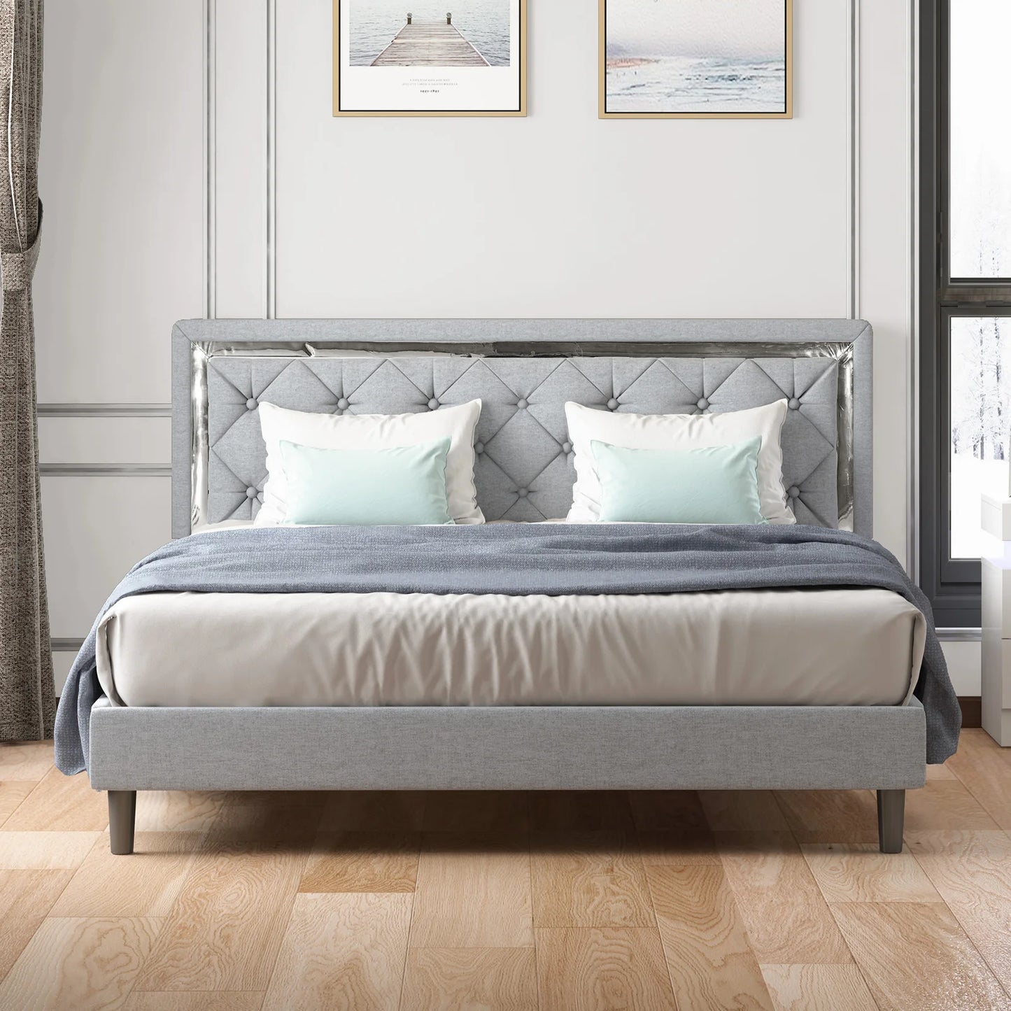 A Bed Frame - Upholstered Mattress Frame with Adjustable Headboard - Thin Velvet Bed Frame with Button Tufted Headboard
