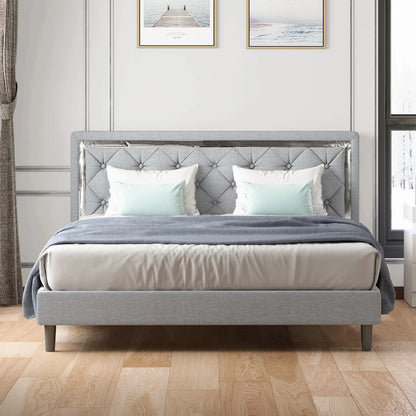 A Bed Frame - Upholstered Mattress Frame with Adjustable Headboard - Thin Velvet Bed Frame with Button Tufted Headboard