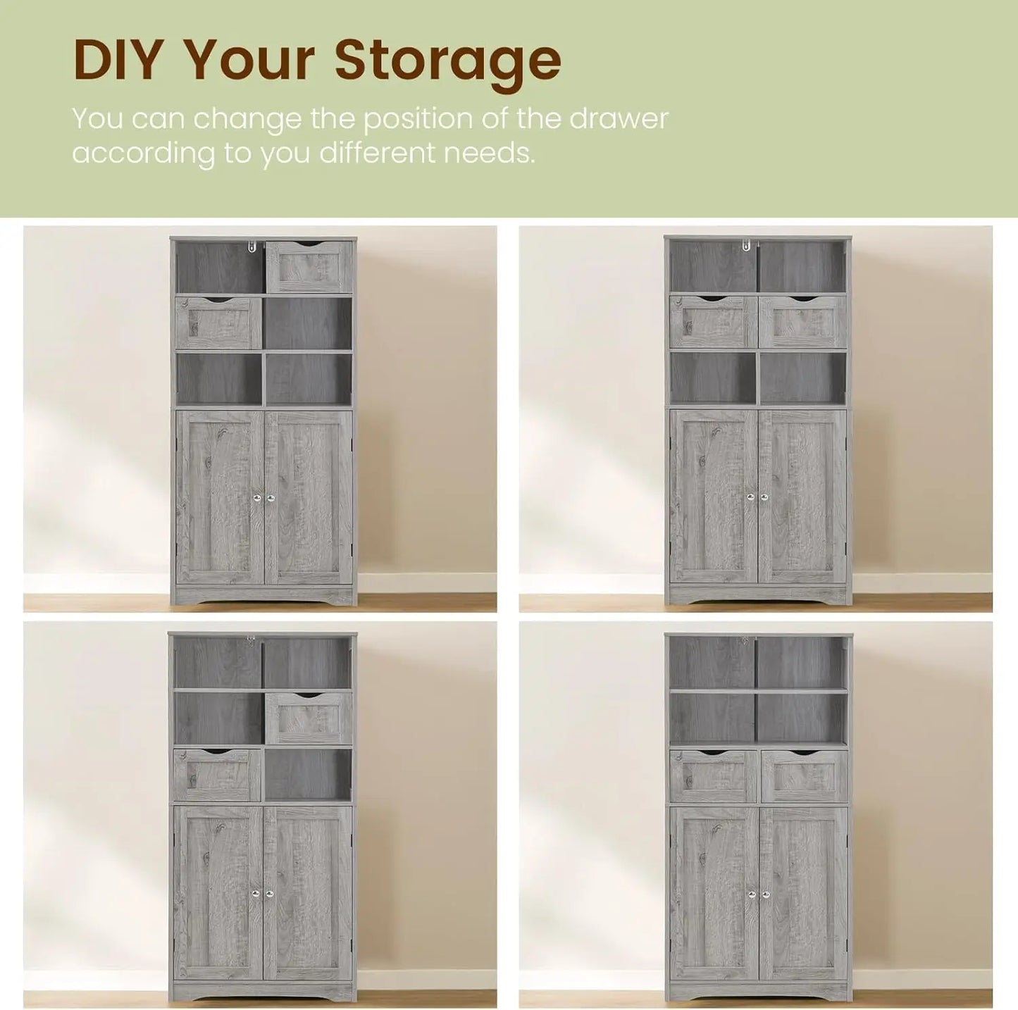 Tall Storage Cabinet With 2 Drawers & Adjustable Shelves - Bathroom Cabinet With Doors, Cupboard, Floor Cabinet For Living Room, Kitchen, Bathroom Or Office