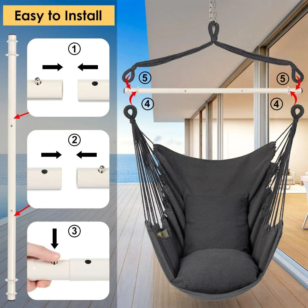 Hammock Chair Hanging Rope Swing Chair - Max 500 Lbs - 2 Seat Cushions Included - Removable Steel Spreader Bar