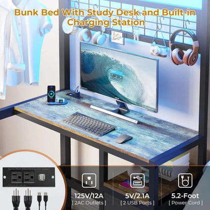 Bunk Bed Twin Over Twin with Desk and Charging Station - L-Shaped Metal Bunk Bed - Led Lights & Storage Shelves