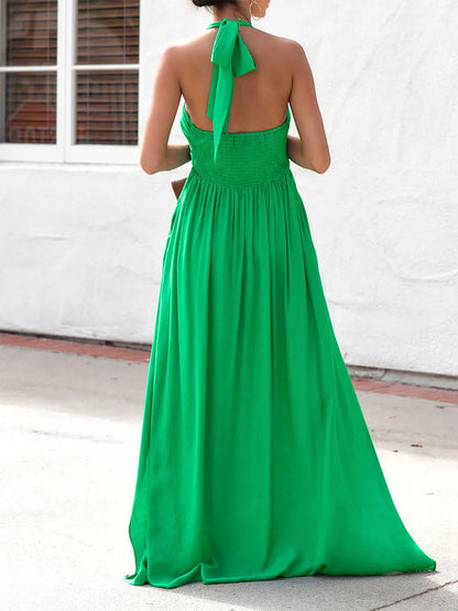 Women Summer Casual Maxi Dress - Solid Color - Tie-Up Halter Neck, Sleeveless & Backless Dress